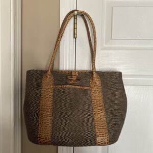 Eric Javits Brown Raffia Woven Straw Leather Squishee Tote Large Shoulder Bag